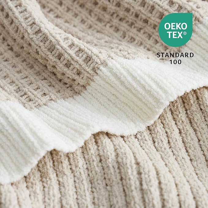 Amélie Home Waffle Blanket Queen Size for Bed, Soft Cozy Chenille Knit Blanket Warm Decorative for Bedroom, 90"x90", Beige