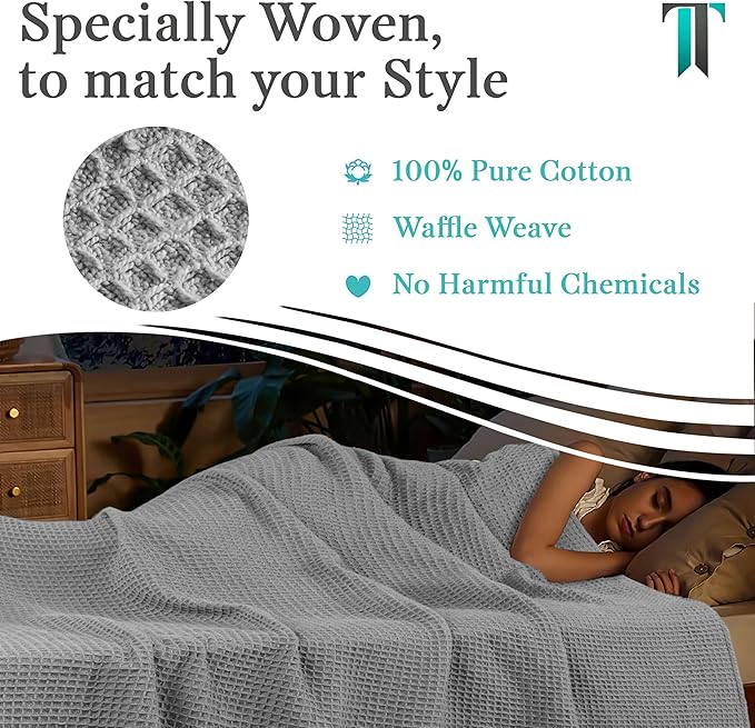 Tex Trend Waffle Blanket – 100% Cotton Blankets Queen Size – Breathable and Soft for Summer Spring – Suitable for Bed Layering, Sofa – Light Gray (90”x90”)