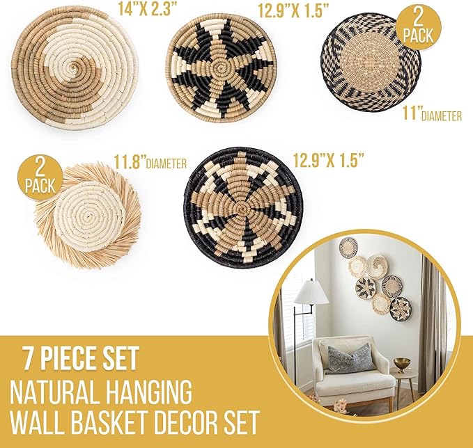 Hanging Woven Wall Basket Set - 7 Unique Handcrafted Seagrass Baskets for Boho, Farmhouse &amp; Rustic Wall Decor, Table Settings &amp; More - Ready to Hang with Nails &amp; Marking Pencil Included