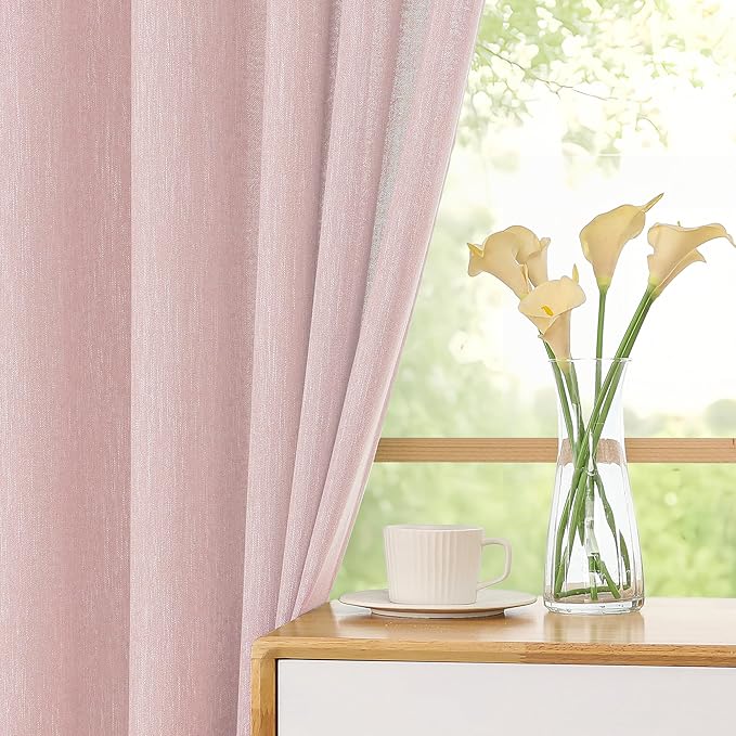 Simplebrand Blush Semi Sheer Faux Linen Textured Curtains 84 Inches Long 2 Panels, Light Filtering Farmhouse Bedroom Curtains, Farmhouse Rod Pocket Soft Thick Window Drapes for Living Room, 50Wx84L