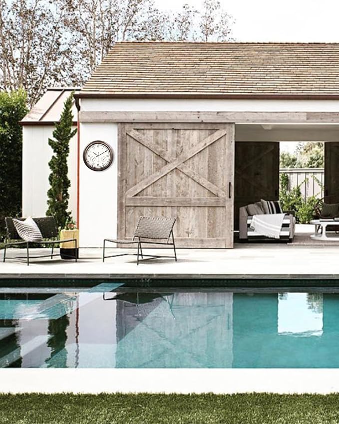 18 Inch Outdoor Clocks Waterproof, Vintage Silent Battery Operated Wall Clock with Thermometer and Humidity Combo - Large Metal Clock for Patio, Deck, Pool &amp; Garden - Bronze Roman Numeral