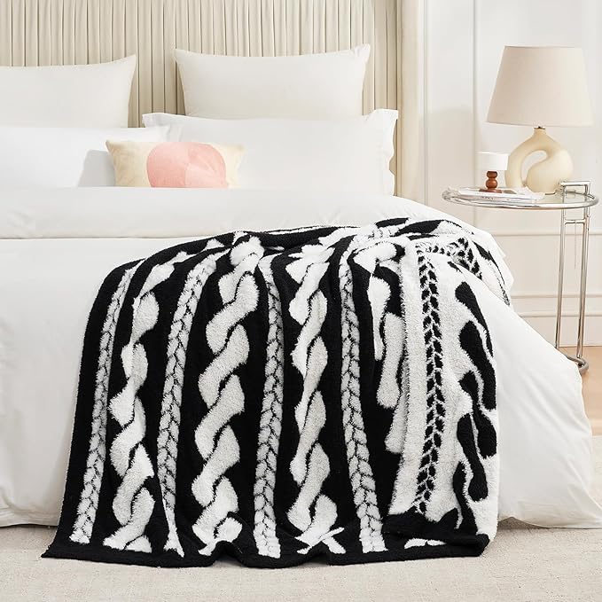 Amélie Home Cable Knit Throw Blanket for Couch, Bicolour Super Soft Cozy Fuzzy Plush Throws for Sofa, 50" x 60", Cable Black &amp; White