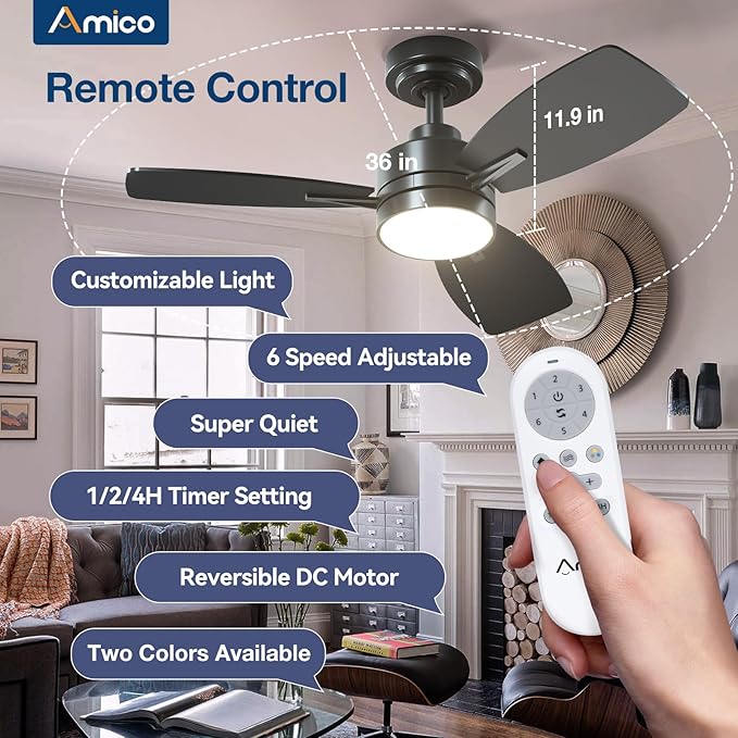 Amico Ceiling Fans with Lights, 36 inch Black Ceiling Fan with Light and Remote Control, Reversible, 3CCT, Dimmable, Noiseless, Small Ceiling Fan for Bedroom, Farmhouse, Indoor/Outdoor Use