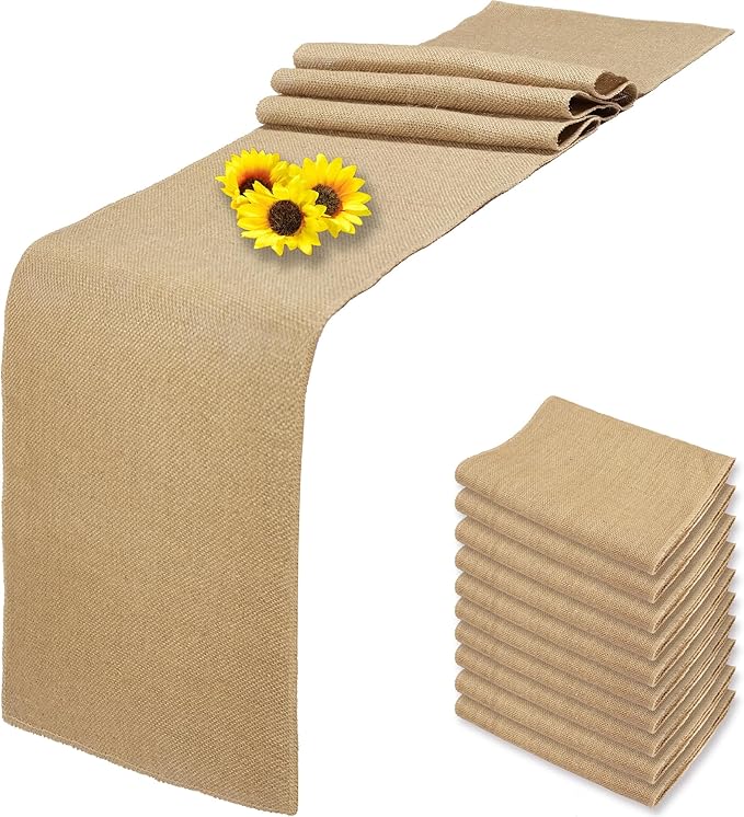 10 Pack 12 x 90 Inch Natural Burlap Table Runners,Rustic Jute Table Runner and Placemats Bulk for Western Wedding Table Decorations,Farmhouse Style Party,Thanksgiving,Kitchen Table Decor