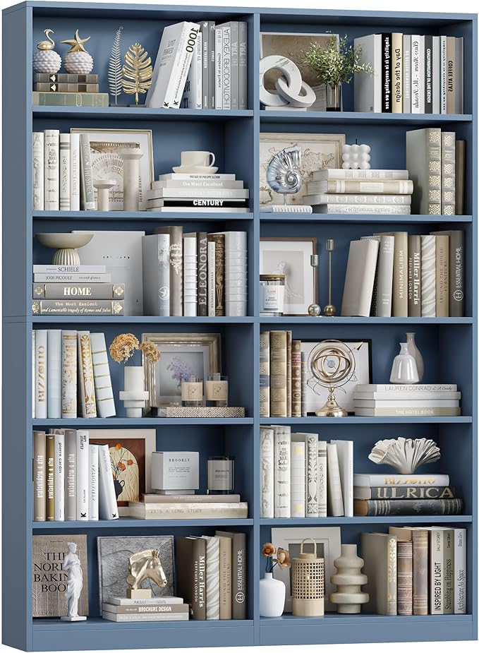 Bookshelf and Bookcase, 6-Tier Double Wide Bookshelfs, Freestanding Display Storage Shelves, Tall Bookcases for Home Decor Bedroom, Living Room, Home Office, Blue