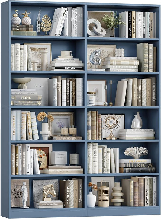 Bookshelf and Bookcase, 6-Tier Double Wide Bookshelfs, Freestanding Display Storage Shelves, Tall Bookcases for Home Decor Bedroom, Living Room, Home Office, Blue