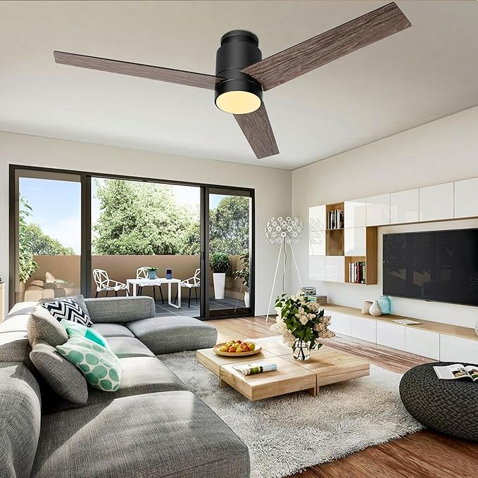 52'' Ceiling Fans with Lights Remote Control: Black Flush Mount Ceiling Fan for Bedroom - Quiet Low Profile Ceiling Fan 6 Speed ​​&amp; LED Light
