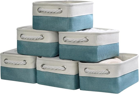 TheWarmHome Storage Bins for Shelves - Small 6 Pack 11.8x7.8x5.2 inch Sturdy Storage Basket W/Handles, Decorative Foldable Storage Baskets for Organizing Closet Nursery Toy(White &amp; Green)