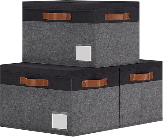 GhvyenntteS Fabric Storage Bins with Lids 3 Pack, Closet Storage Boxes with Lid and 3 Handles, Foldable Storage Baskets with Lids and Label Window for Home Office (Grey&amp;Black, 15" x 11" x 9.7")