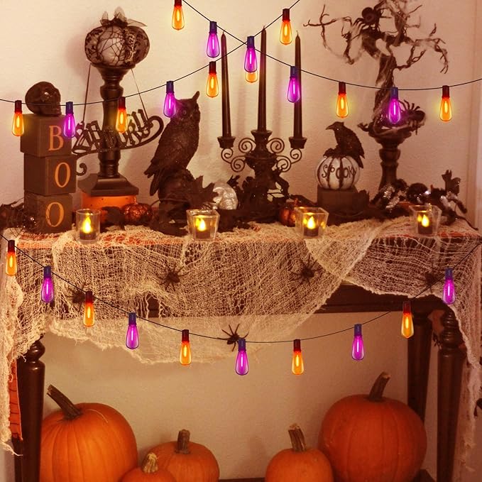 ST40 Purple and Orange Halloween Lights,10FT Outdoor LED Halloween String Lights with 11 Orange/Purple Flame Bulbs,Hanging Decorative Light String for Garden Porch Gazebo Bistro,Black Wire