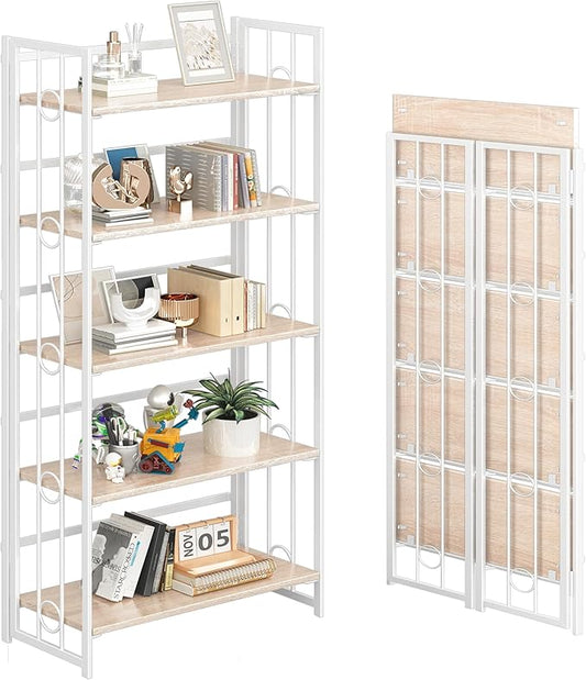4NM No Assembly 5 Tiers Folding Bookshelf, 59.4" H Foldable Storage Shelves Vintage Bookcase Standing Racks Study Organizer Home Office - Natural White