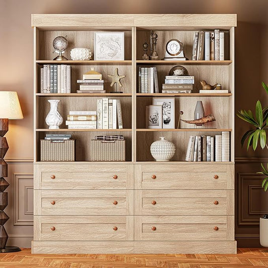 Vyre 71" Tall Farmhouse Kitchen Pantry, Set of 2 Large Storage Cabinets with 3 Drawers & Adjustable Shelves, Versatile Wood Hutch for Living Room & Dining Room, Brown