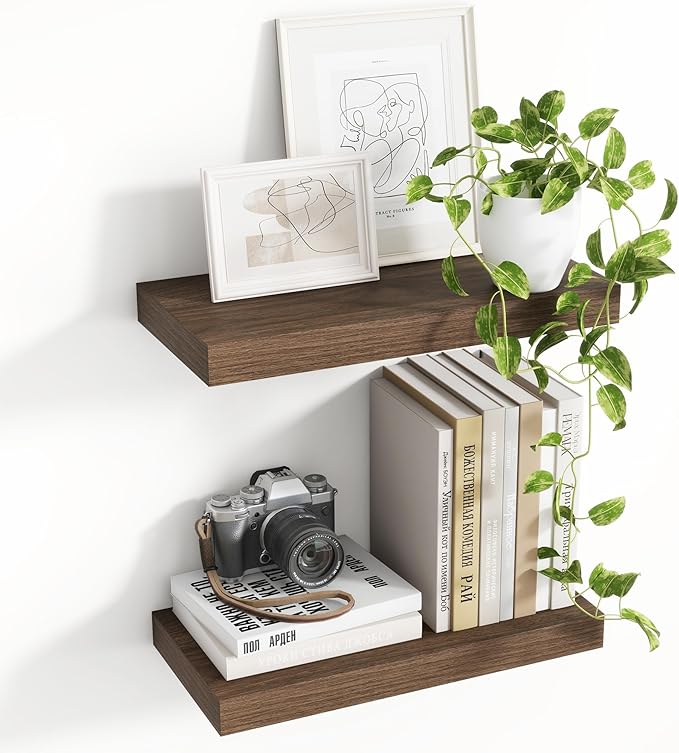 16 Inch Floating Shelves, 8 Inch Deep Floating Shelves for Wall, Hanging Shelf with Invisible Brackets, Deep Shelves for Bathroom, Bedroom, Living Room, Walnut, Set of 2