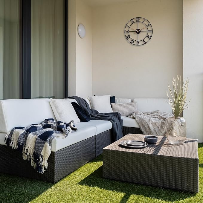 Large 14 Inch Outdoor Wall Clock, Black Metal Modern Minimalist Battery Operated Silent Clock for Patio, Pool, Garden, Living Room, Kitchen, Office, Bedroom Decor with Easy to Read Roman Numbers