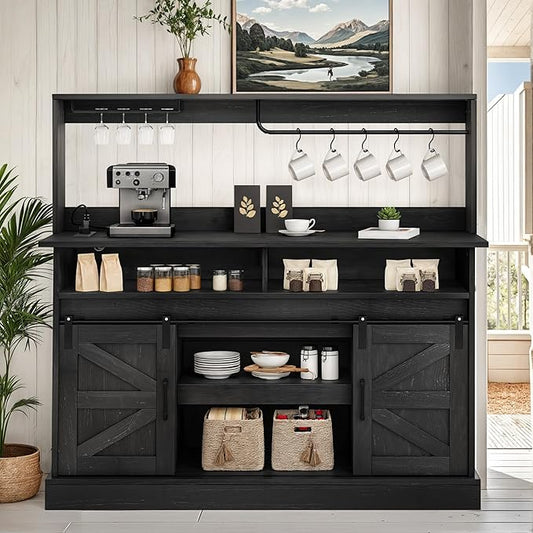 YITAHOME 52" Farmhouse Coffee Bar Cabinet with Storage, Buffet Cabinet with Goblet Holder, 5 Hooks, Power Outlets, Sideboard Cabinet with Sliding Barn Doors for Kitchen &amp; Living Room (Black Oak)
