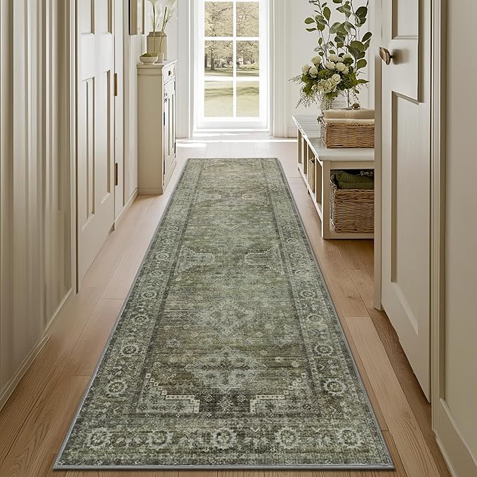 Runner Rug for Hallway Kitchen, 2x8 Machine Washable Runners Rug for Entryway, Soft Modern Boho Throw Rugs, Low Pile Floor Cover with Non Slip Backing, Distressed Light Grayish Sage Green