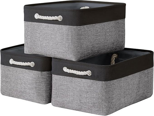TheWarmHome Collapsible Storage Bin for Shelves - 16x12x8 inch Large 3 Pack Storage Basket for Organizing with Rope, Fabric Storage Cubes for Organizer Toy Cloth Gift Closet (Black &amp; Grey)