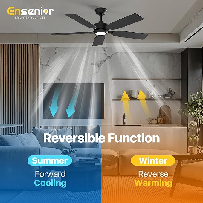 Ensenior Ceiling Fans with Lights and Remote, 52 Inch Black Ceiling Fan with Light, 6 Speeds, 3CCT, Noiseless, Reversible DC Motor, Modern Ceiling Fan for Bedroom and Living Room - 5 Blades