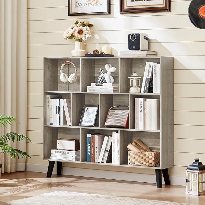 LEYAOYAO 10 Cube Bookshelf,3 Tier Modern Wide Bookcase with Legs,Mid-Century Wood Bookshelfs Storage，Retro Gray Large Book Case,Freestanding Organizer Display Shelf for Bedroom,Living Room,Office