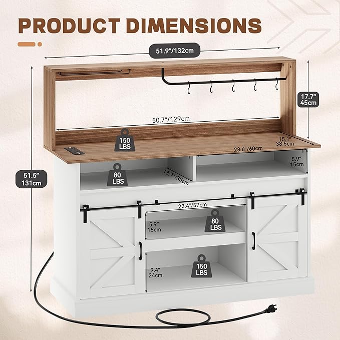 YITAHOME 52" Farmhouse Coffee Bar Cabinet with Storage, Buffet Cabinet with Goblet Holder, 5 Hooks, Power Outlets, Sideboard Cabinet with Sliding Barn Doors for Kitchen &amp; Living Room (White)