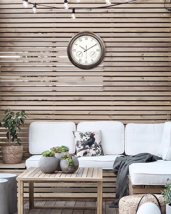 18 Inch Outdoor Clocks Waterproof, Vintage Silent Battery Operated Wall Clock with Thermometer and Humidity Combo - Large Metal Clock for Patio, Deck, Pool &amp; Garden - Bronze Roman Numeral