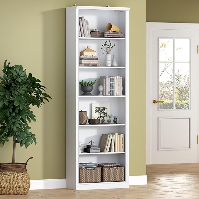 75" Tall Bookshelf, 6-Tier Floor Standing Bookcase with Adjustable Shelves, 24" Wide Open Storage Shelf, Modern Display Organizer for Home Office, Living Room, Bedroom, Study
