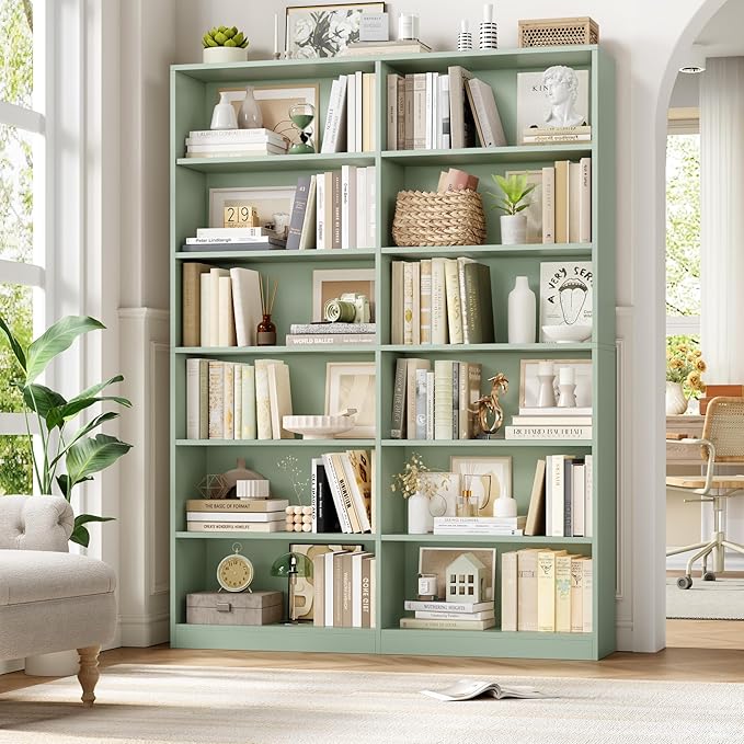 Bookshelf and Bookcase, 6-Tier Double Wide Bookshelves, Freestanding Display Storage Shelves, Tall Bookcases for Home Decor Bedroom, Living Room, Home Office, Green