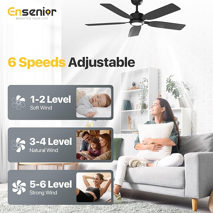 Ensenior Ceiling Fans with Lights and Remote, 52 Inch Black Ceiling Fan with Light, 6 Speeds, 3CCT, Noiseless, Reversible DC Motor, Modern Ceiling Fan for Bedroom and Living Room - 5 Blades