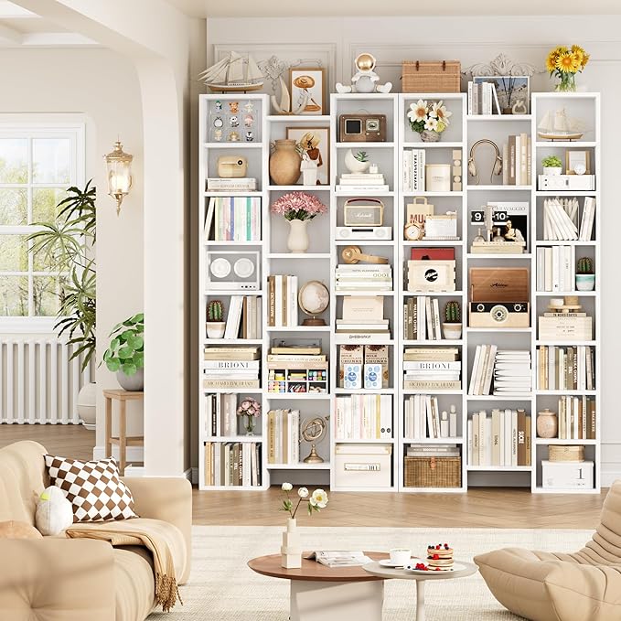 FOTOSOK 71’’White Bookshelf, Triple Wide Bookshelf with Adjustable Shelves, 8 Tier Media CD DVD Storage Tower Rack, Diaplay Cabinet Shelf, Tall Bookcase for Home Office, White
