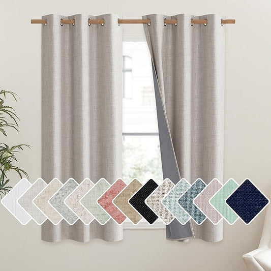 NICETOWN Brich Vintage Open Linen Weave Flax Thermal Curtains, 100% Blackout Curtains 45" Long for Dining Room, Soundproof Window Treatment Drapes for Kitchen, 42" Wide Per Panel, Set of 2
