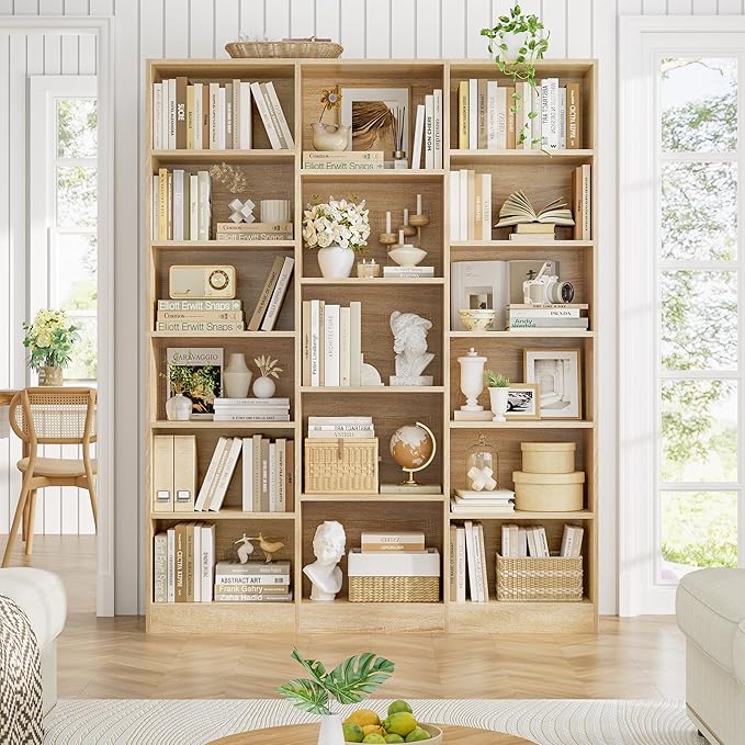 Triple Wide Bookshelf, 6 Tier Large Bookshelf, Bookcase with 17 Open Display Shelves, 74'' Tall Bookcases and Bookshelfs for Living Room, Home Office, Library, Light Oak