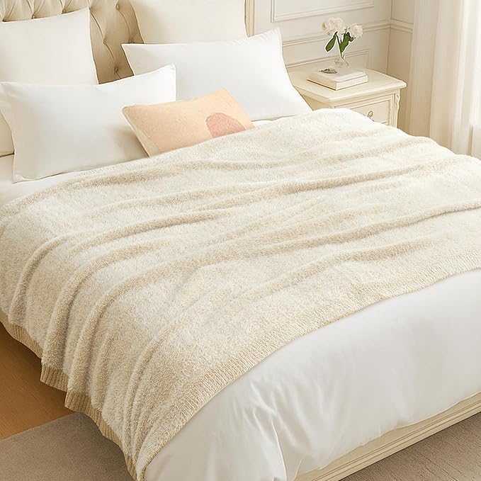 Amélie Home Knit Throw Blanket for Couch, Super Soft Cozy Fuzzy Plush Throws for Sofa Bed Living Room, 60" x 80", Heather Beige