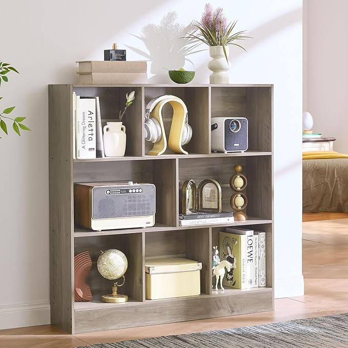 LEYAOYAO 8 Cube Bookshelf with Base,3 Tier Mid-Century Modern Gray Bookcase,Standing Wide Bookshelfs Storage Organizer Shelf,Rustic Wood Display Cabinet Book Shelves for Bedroom,Living Room,Office