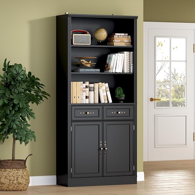 71.4" Tall Bookshelf with Drawers &amp; Cabinet, 5-Tier Floor Standing Bookcase with Storage Doors, Adjustable Shelves &amp; Metal Handles, 31.5" Wide Organizer for Home Office, Living Room