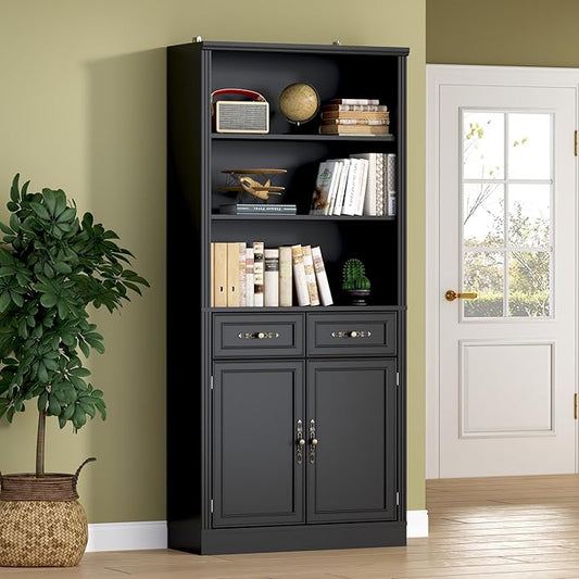 71.4" Tall Bookshelf with Drawers &amp; Cabinet, 5-Tier Floor Standing Bookcase with Storage Doors, Adjustable Shelves &amp; Metal Handles, 31.5" Wide Organizer for Home Office, Living Room