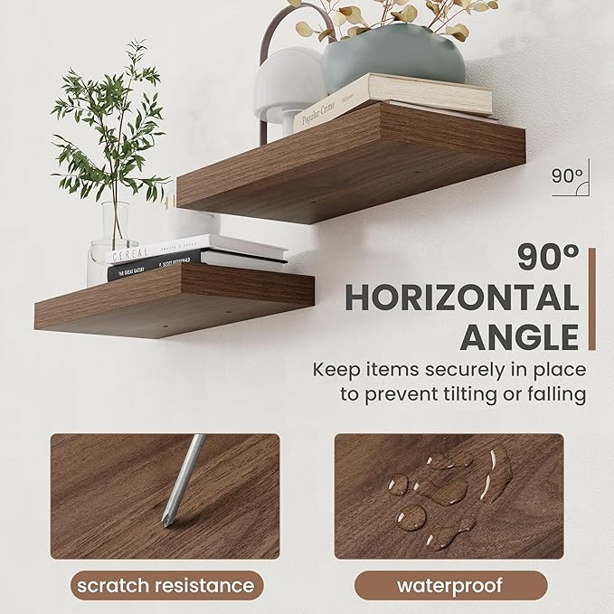16 Inch Floating Shelves, 8 Inch Deep Floating Shelves for Wall, Hanging Shelf with Invisible Brackets, Deep Shelves for Bathroom, Bedroom, Living Room, Walnut, Set of 2