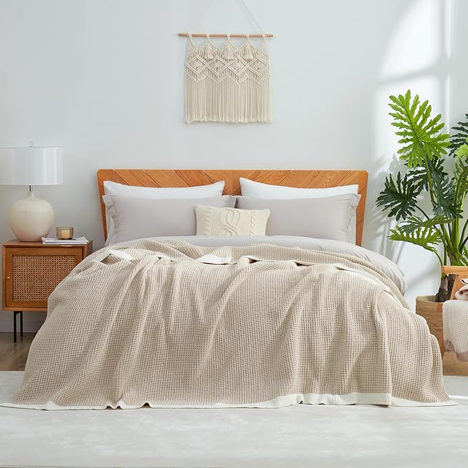 Amélie Home Waffle Blanket Queen Size for Bed, Soft Cozy Chenille Knit Blanket Warm Decorative for Bedroom, 90"x90", Beige