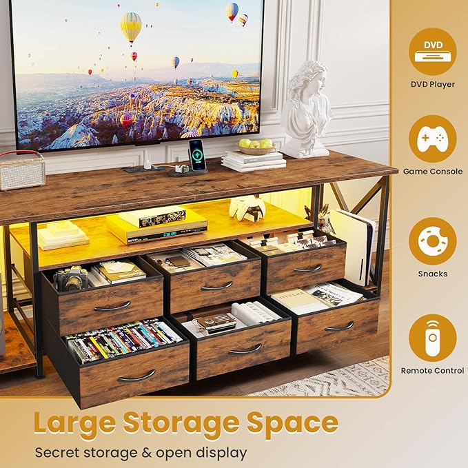 BTHFST TV Stand with LED Lights & Power Outlets, for TVs up to 80 Inches, 6 Drawers Entertainment Center with Open Storage Shelves, 63" TV Media Console Table for Living Room, Bedroom, Rustic Brown