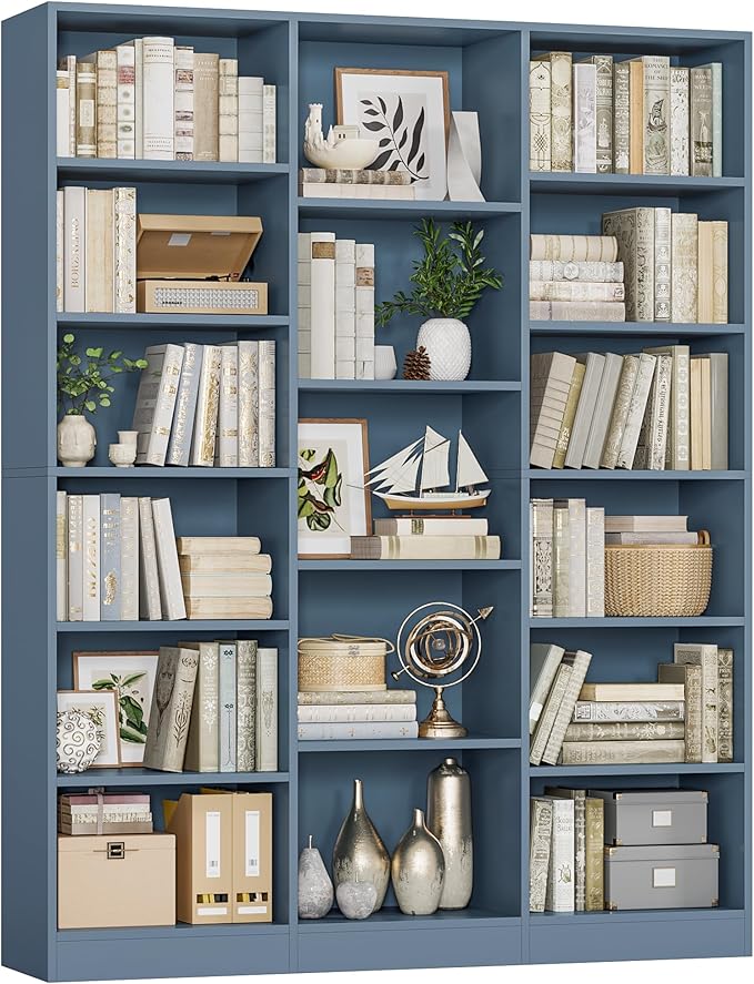 Triple Wide Bookshelf, 6 Tier Large Bookshelf, Bookcase with 17 Open Display Shelves, 74'' Tall Bookcases and Bookshelfs for Living Room, Home Office, Library, Blue