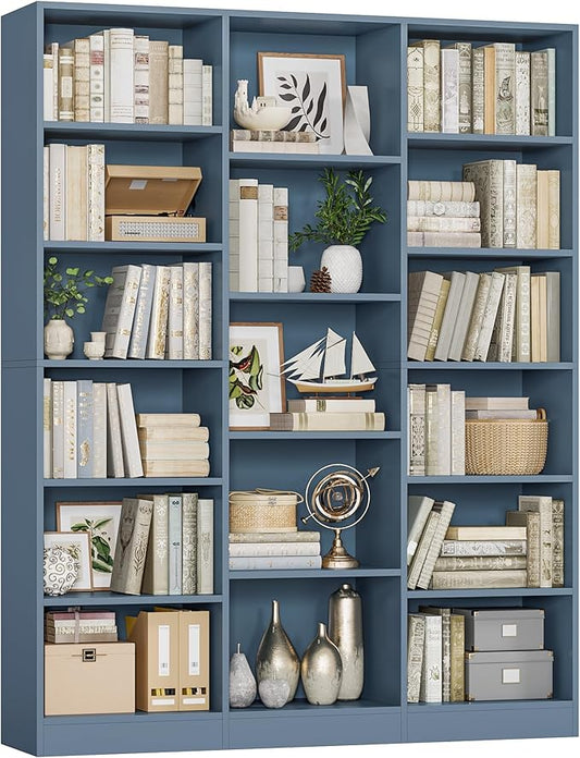 Triple Wide Bookshelf, 6 Tier Large Bookshelf, Bookcase with 17 Open Display Shelves, 74'' Tall Bookcases and Bookshelfs for Living Room, Home Office, Library, Blue