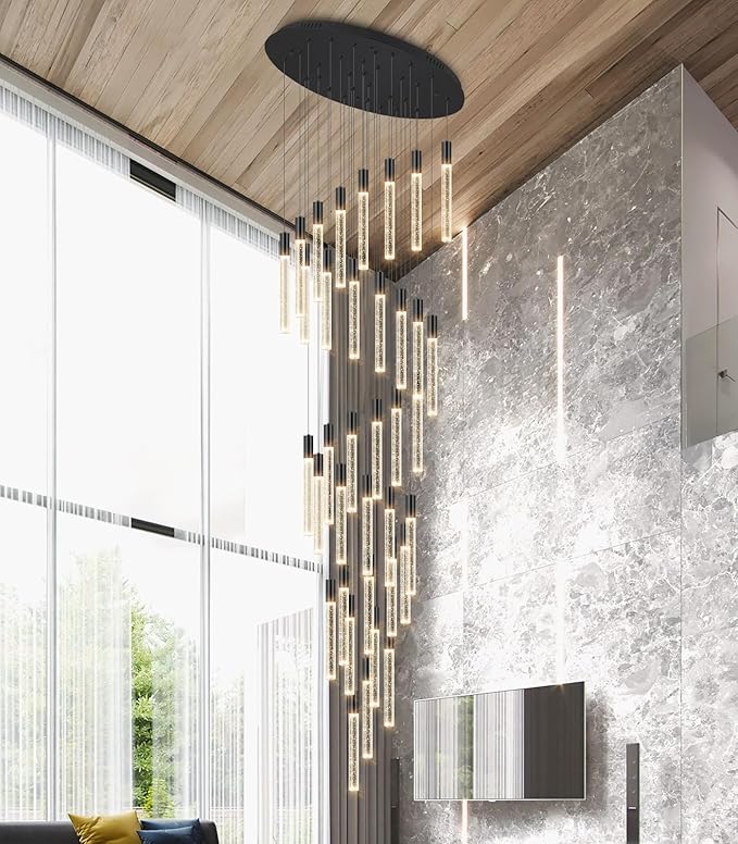 16 Foot Chandeliers for Living Room Entryway High Ceiling Light Fixtures Sloped Flush Mount Ceiling Pendant Lighting Dimmable Chandelier with Remote LED Crystal Pendants Lighting Black Light