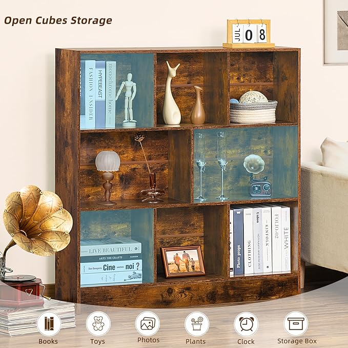LEYAOYAO 8 Cube Bookshelf with Base,3 Tier Mid-Century Modern Brown Bookcase,Standing Wide Bookshelfs Storage Organizer Shelf,Rustic Wood Display Cabinet Book Shelves for Bedroom,Living Room,Office