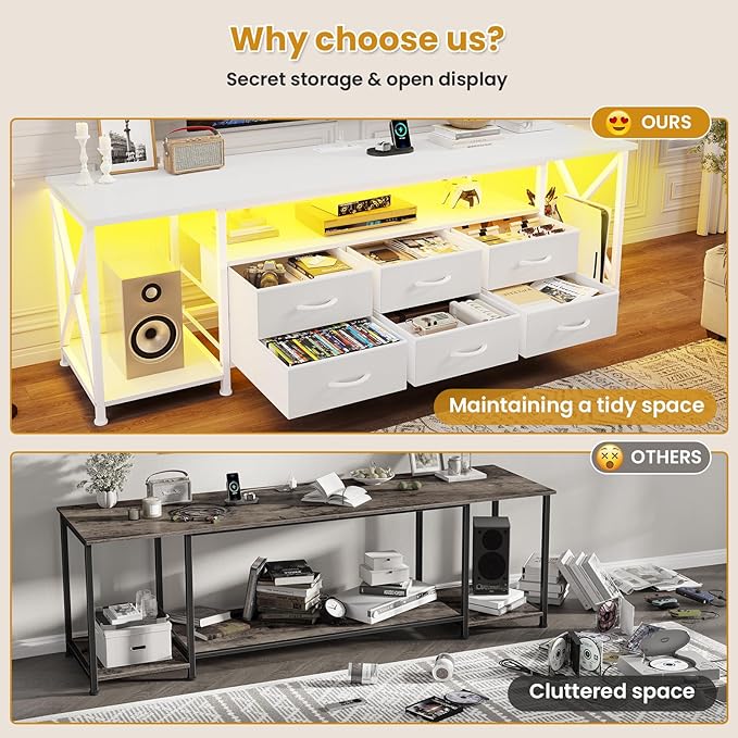 BTHFST TV Stand with LED Lights & Power Outlets, for TVs up to 80 Inches, 6 Fabric Drawers Entertainment Center with Open Storage Shelves, 63" TV Media Console Table for Living Room, Bedroom, White