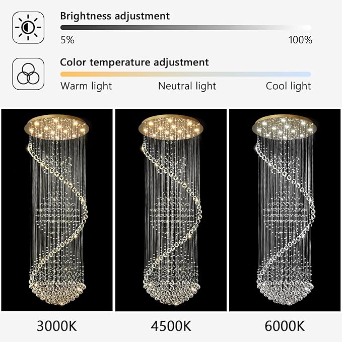 98'' Crystal Chandelier High Ceiling Chandeliers for Staircaes Large Raindrop Chandeliers LED Dimmable Flush Mount Light Fixtures for Foyer Hallway Entryway LED Bulbs Included Gold