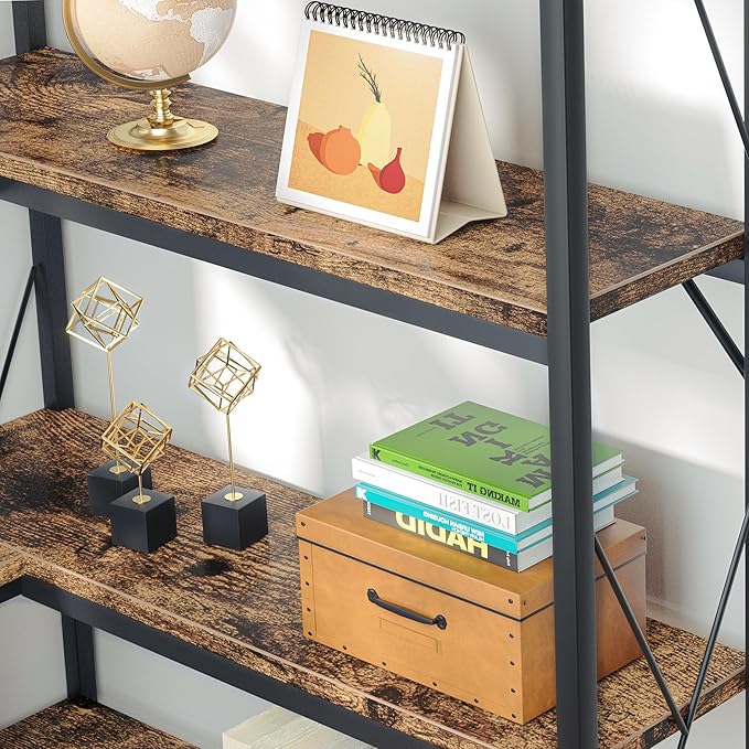 JAMFLY 5-Tier Corner Bookshelf, Industrial Corner Bookcase, Book Shelves with Metal Frame, Large Open Display Bookshelfs, L-Shaped Shelf for Living Room, Home Office, Rustic Brown