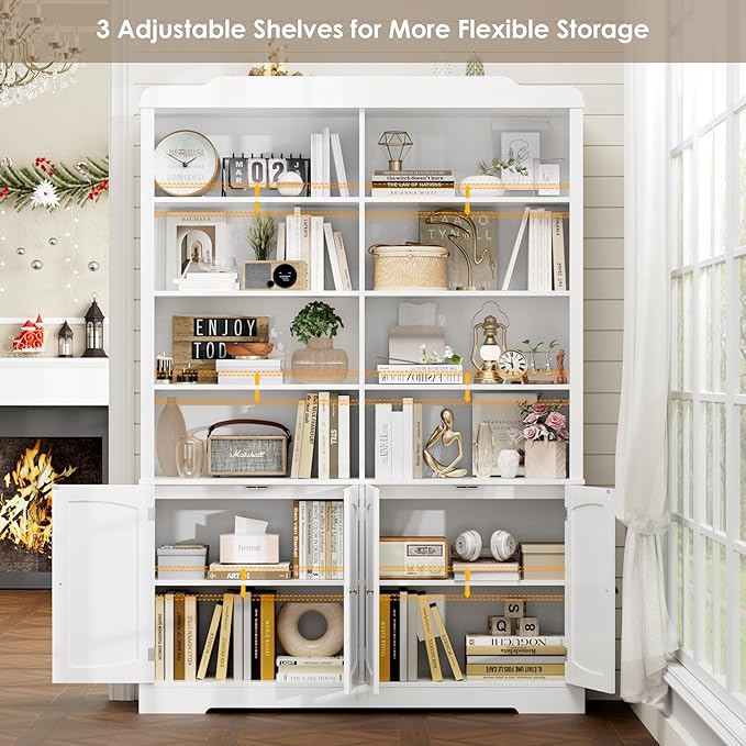 73.1" Tall Bookcase and Bookshelf, Wide Bookshelf with Doors and Adjustable Shelves, 6 Tier Large Bookshelf with Storage, Tall Storage Cabinet for Living Room, Home Office, White