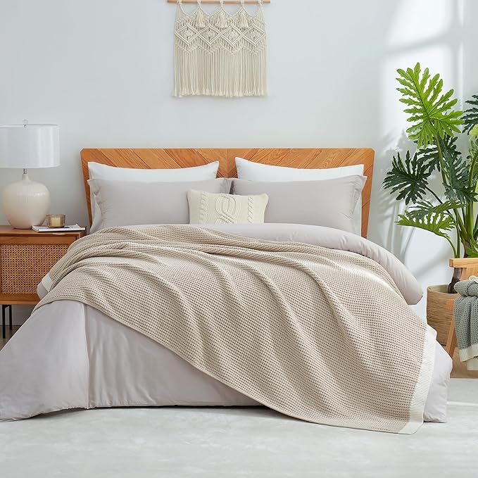 Amélie Home Waffle Blanket Queen Size for Bed, Soft Cozy Chenille Knit Blanket Warm Decorative for Bedroom, 90"x90", Beige