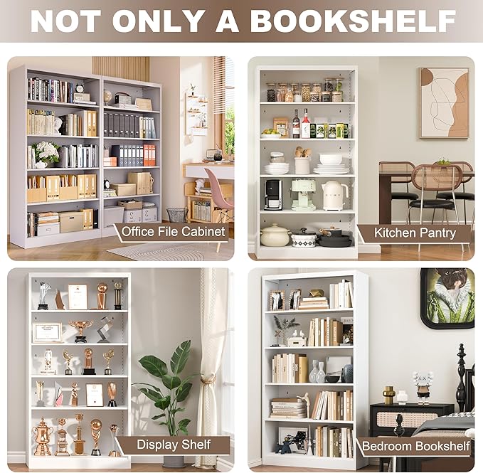 Book Shelf Organizer, Metal Bookshelfs Adjustable, 5 Tier White Bookcase, Heavy Duty Open Bookshelf for Office, Living Room, Library, Bedroom, 65.8" Tall