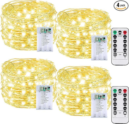 4 Pack Each 33FT 100LED Fairy Lights Battery Operated with Remote, Waterproof Twinkle Lights with Timer, Cuttable String Light Indoor & Outdoor for Bedroom Classroom Wedding DIY Christmas (Warm White)