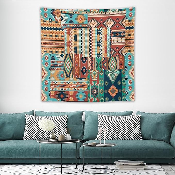 Kurtect Aztec Tapestry,Southwestern Tribal Native American Vintage Abstract Pattern Tapestries for Party Beach Picnic Blankets Tablecloths Living Room Wall Deocr, 60x60 in